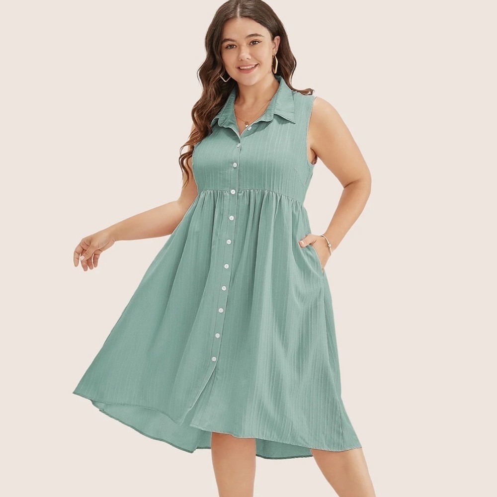 BloomChic Solid Shirt Collar Ruffle Pocket High Low Hem Button Up Dress - Picture 3 of 4